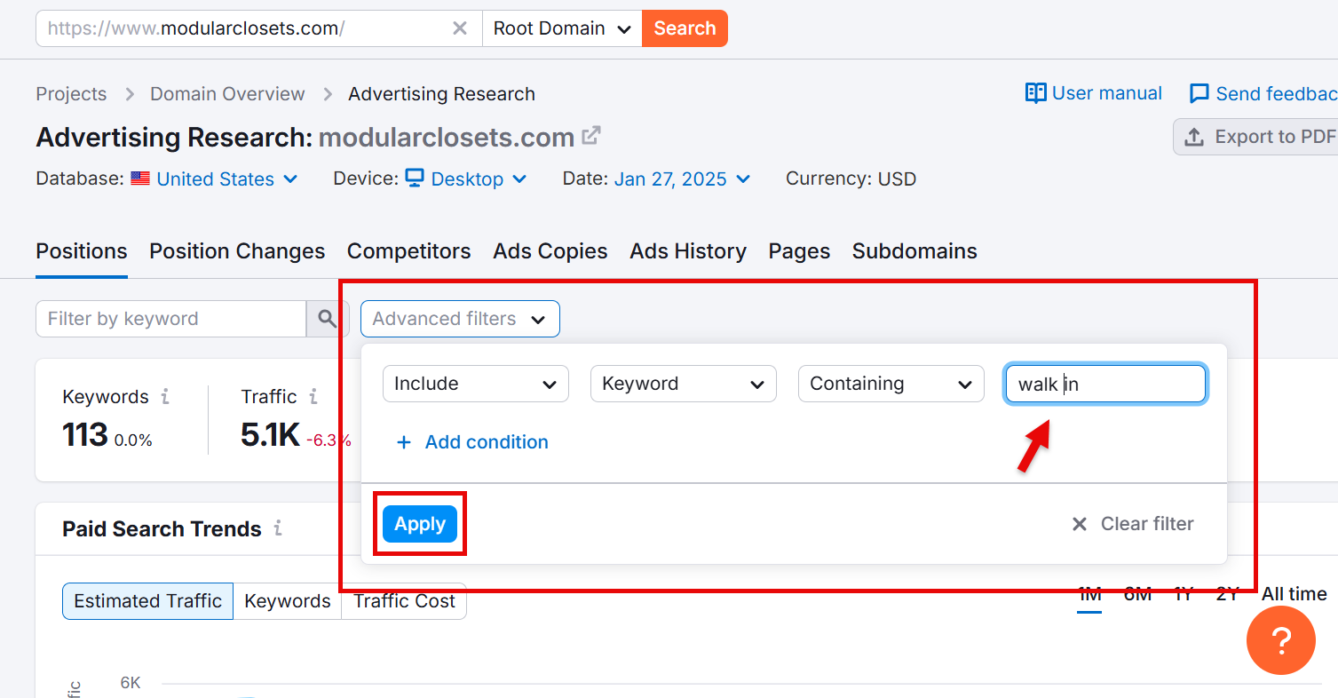 Advanced keyword filter for advertising research on modular closets website