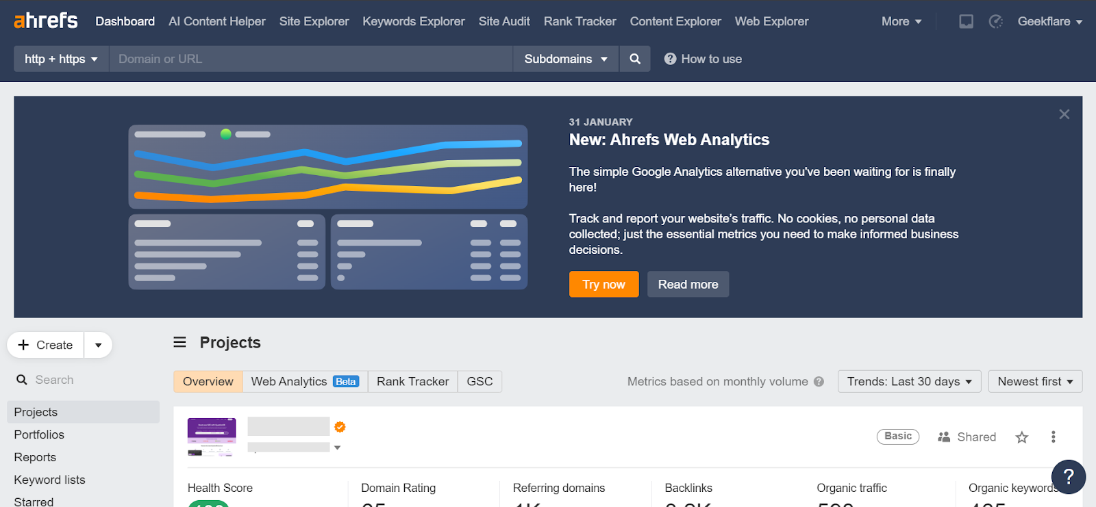 Ahrefs dashboard displaying web analytics features and metrics overview.