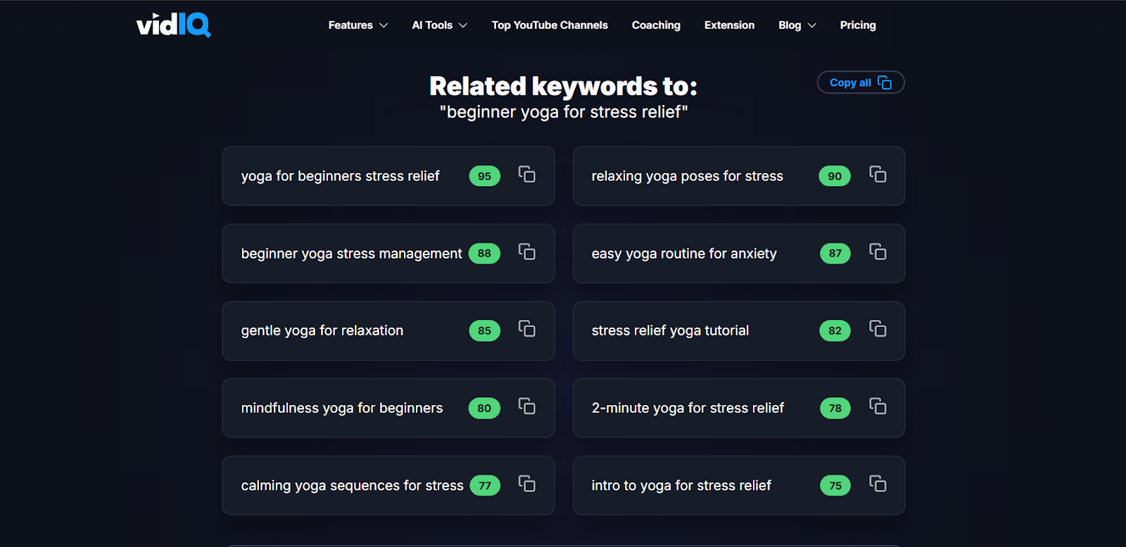 Keywords related to beginner yoga for stress relief displayed in a user-friendly layout.