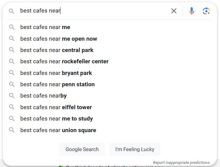 Google search suggestions for best cafes near popular locations