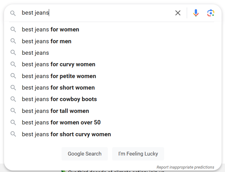 Google search suggestions for best jeans options for various demographics.