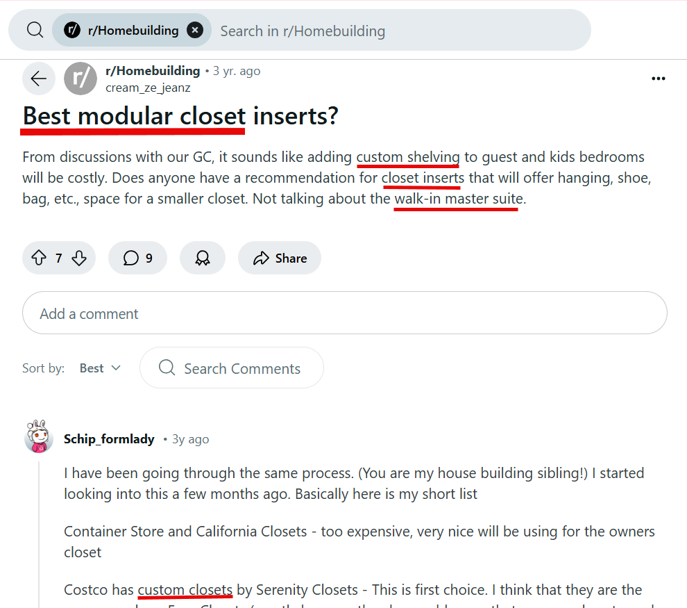 Discussion on best modular closet inserts and custom shelving recommendations.