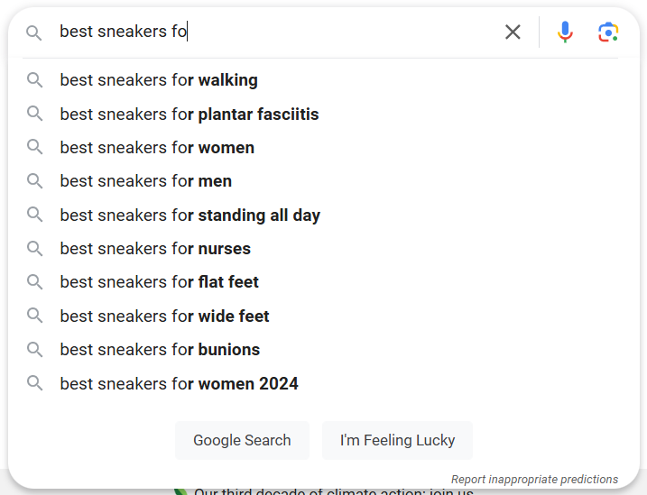 Search suggestions for best sneakers focusing on various needs and categories.