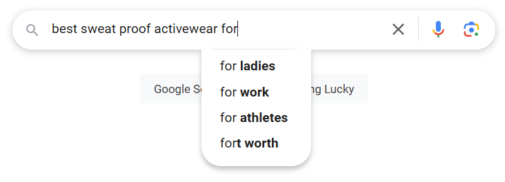 Search suggestions for best sweat proof activewear.