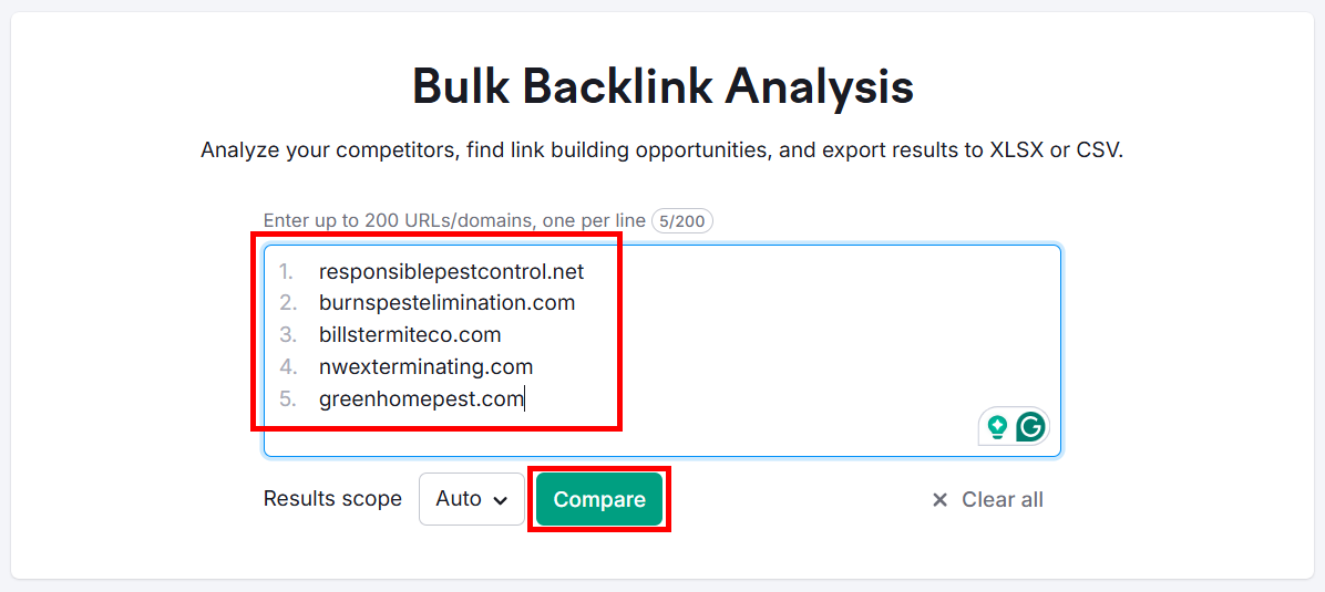 Bulk backlink analysis tool displaying competitor URLs for SEO insights