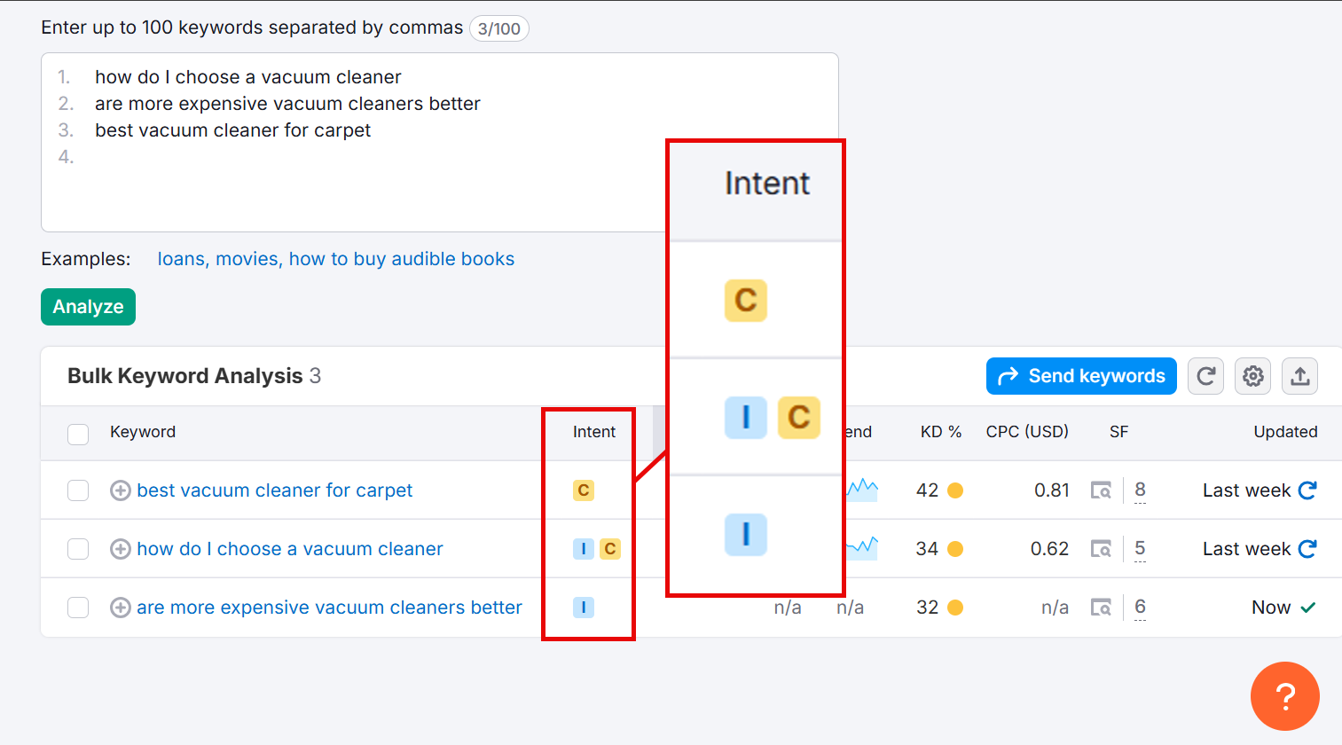 Keyword analysis tool displaying vacuum cleaner search intents.