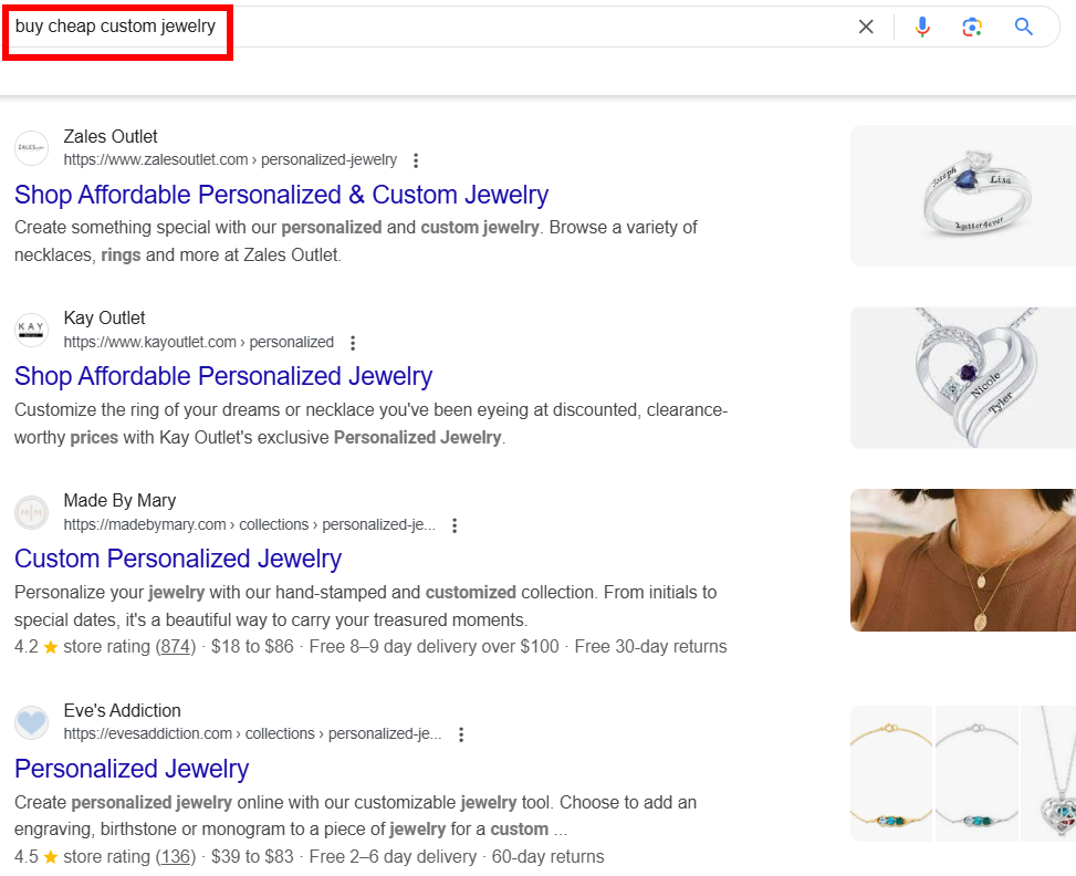 Search results for affordable personalized custom jewelry options.