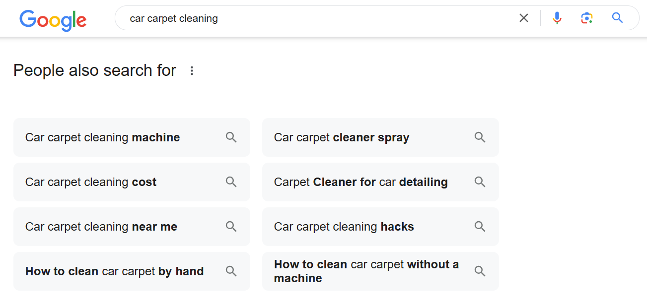 Google search suggestions for car carpet cleaning