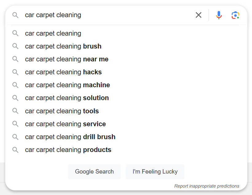 Search suggestions for car carpet cleaning products and tools