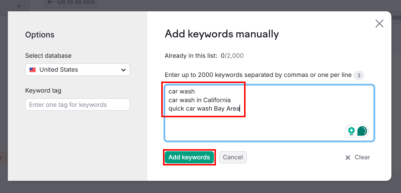 Add keywords for car wash services in the United States.