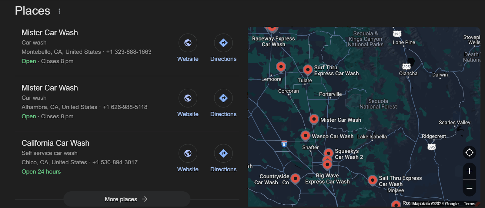 Map view showing multiple car wash locations in California.