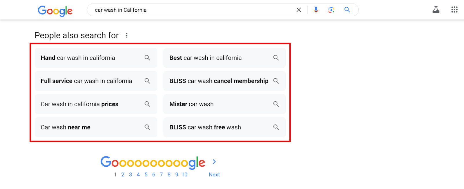 Search results for car wash options in California with popular suggestions.