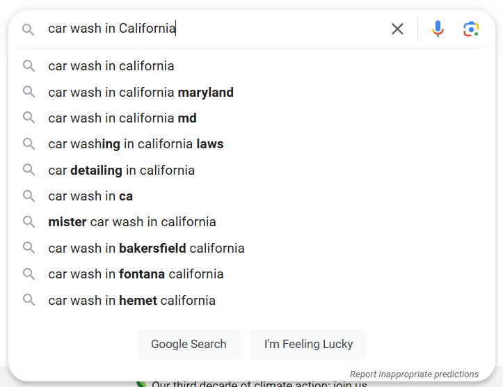 Search suggestions for car wash services in California.