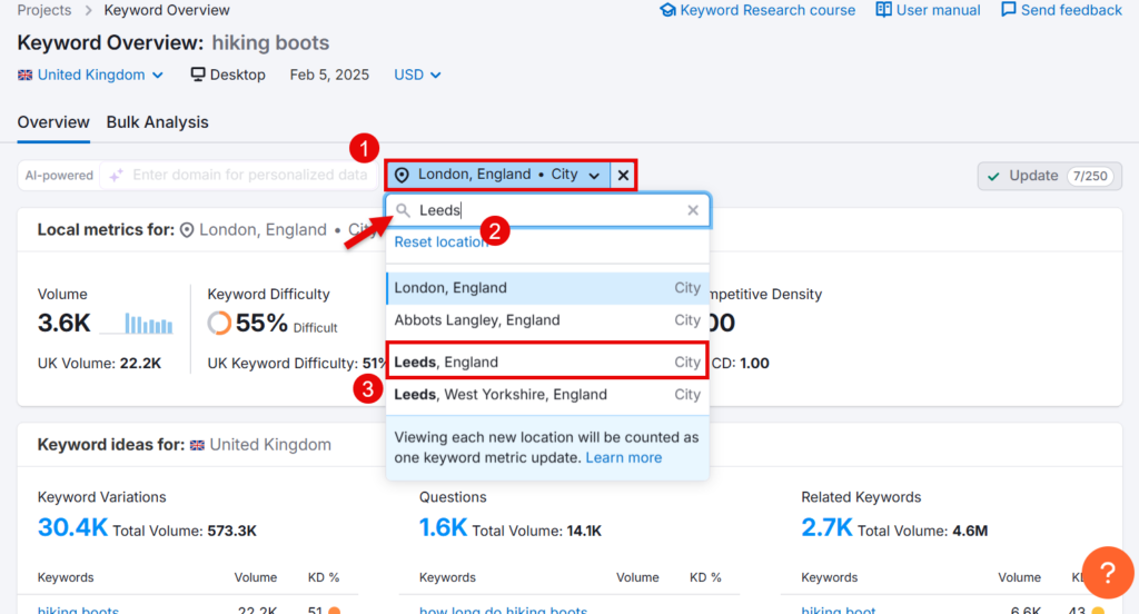 changing city in semrush keyword overview