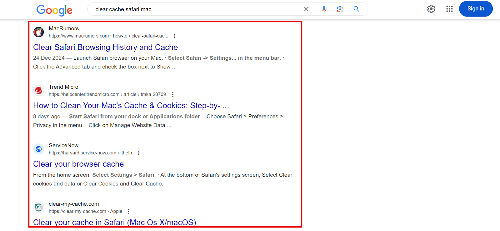 Search results for clearing Safari cache on Mac, featuring various guides and articles.