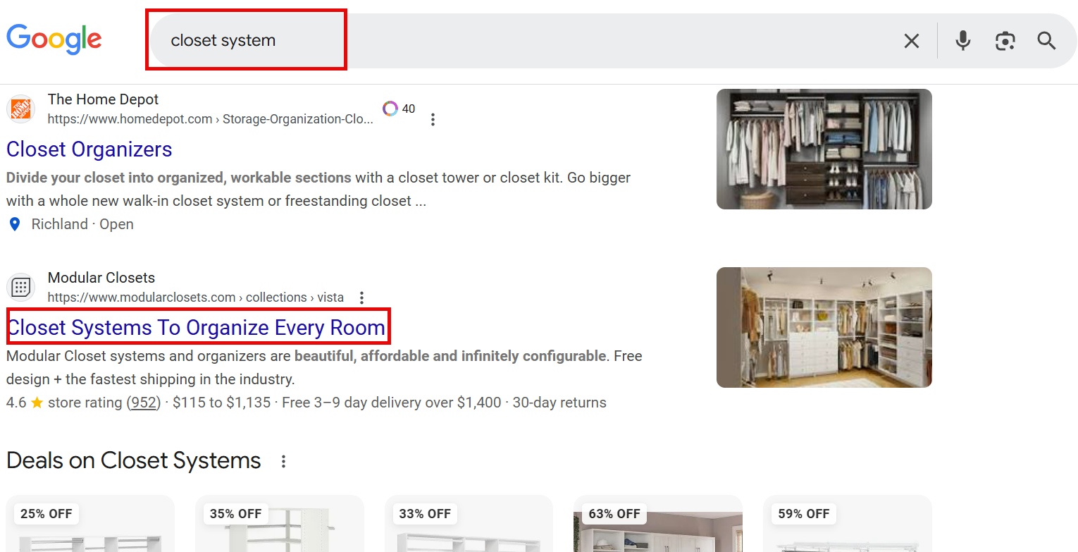 Search results for closet systems and organization solutions on Google.