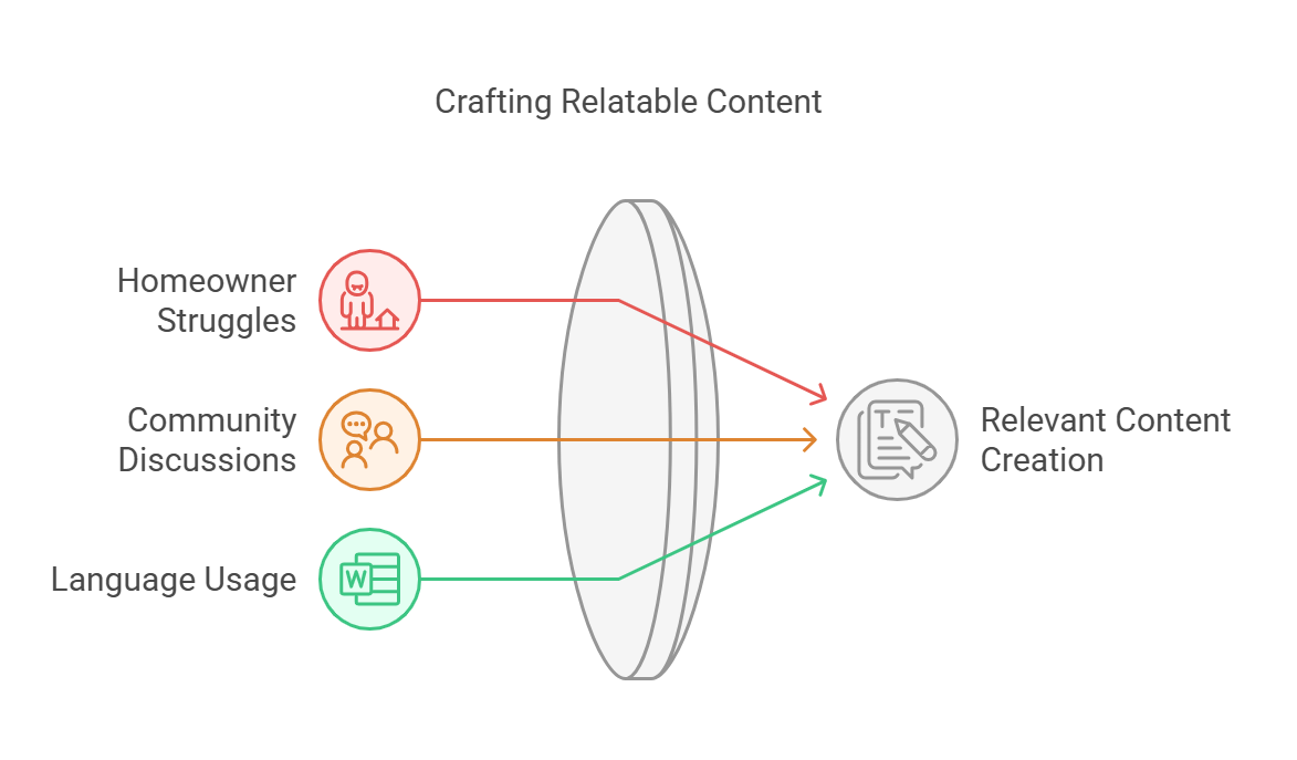 Diagram illustrating crafting relatable content with homeowner struggles, community discussions, and language usage.