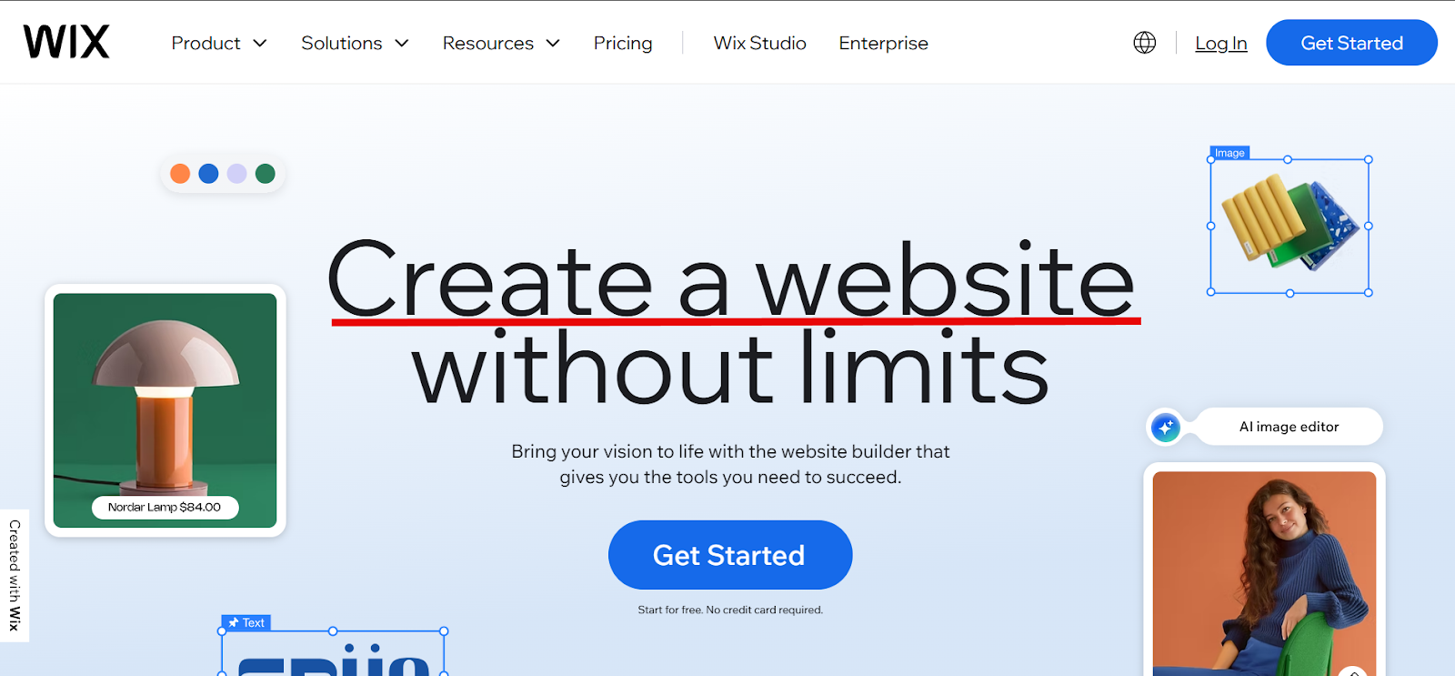 Create a website without limits showcasing Wix tools and designs.