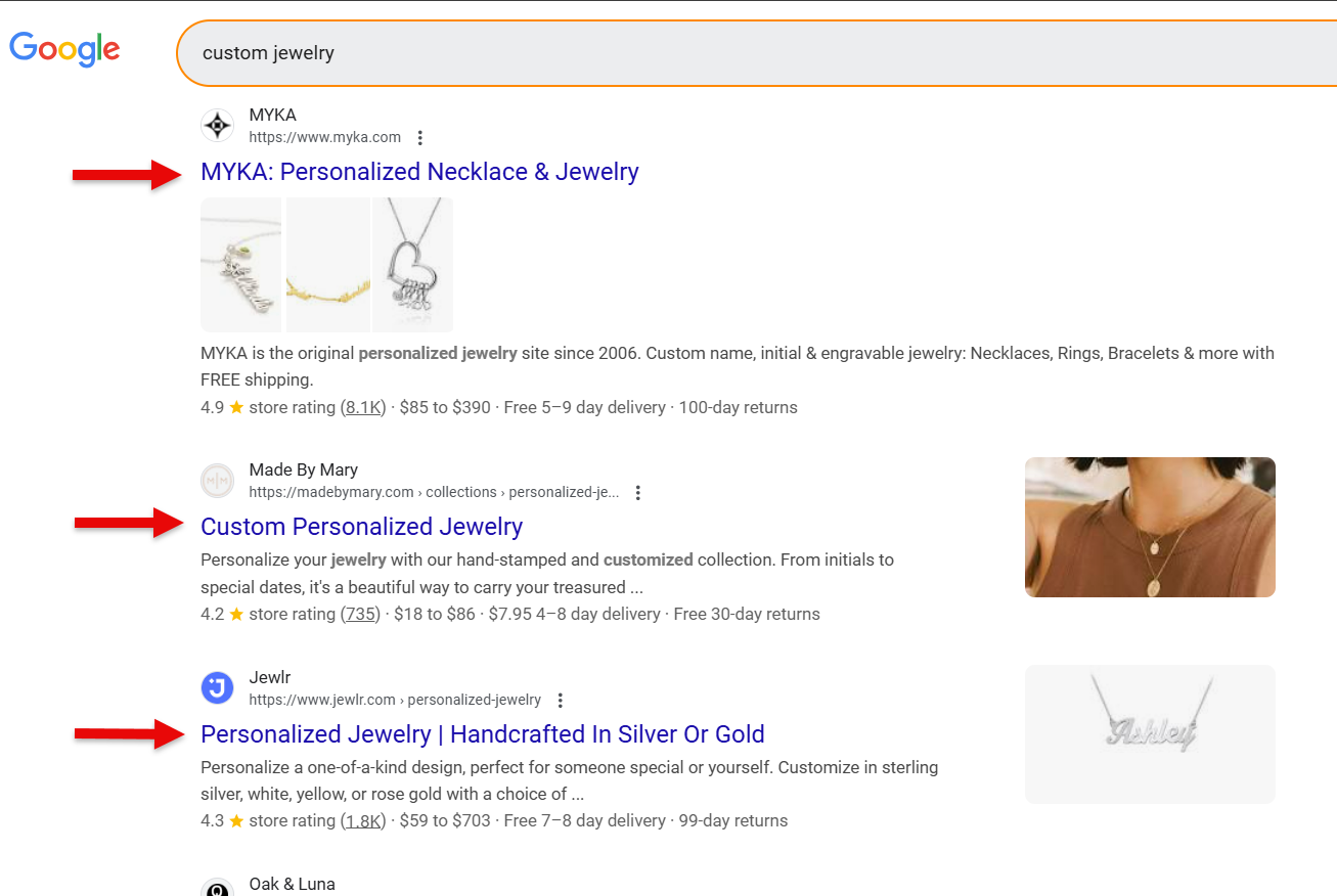 Search results for custom jewelry including personalized options and handcrafted designs.