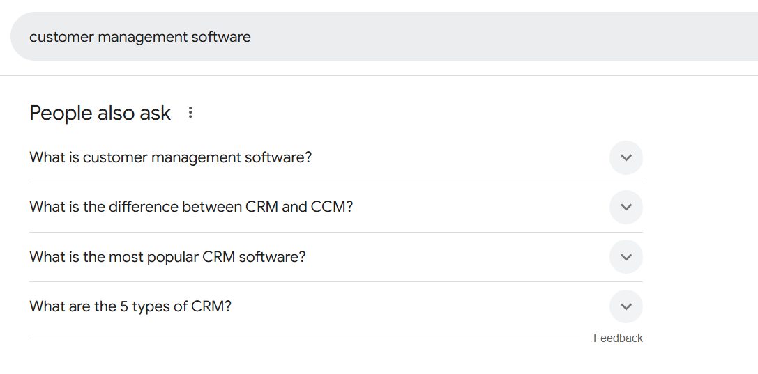 Customer management software search results and questions.