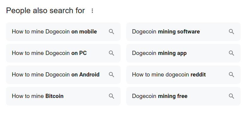 Search suggestions for mining Dogecoin and Bitcoin on various platforms