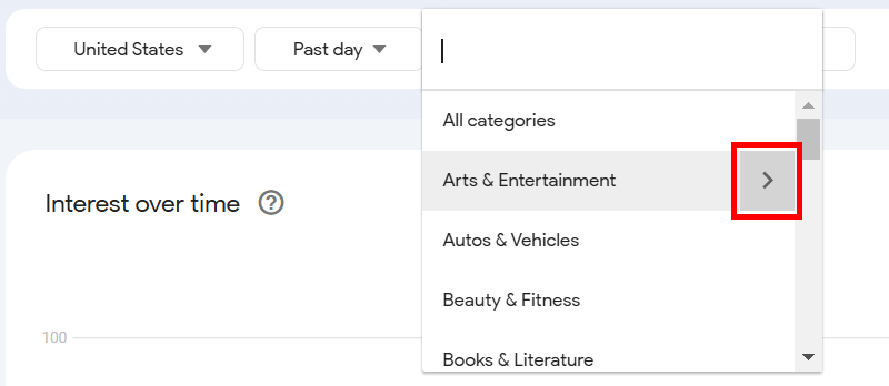 Dropdown menu showing categories including Arts & Entertainment