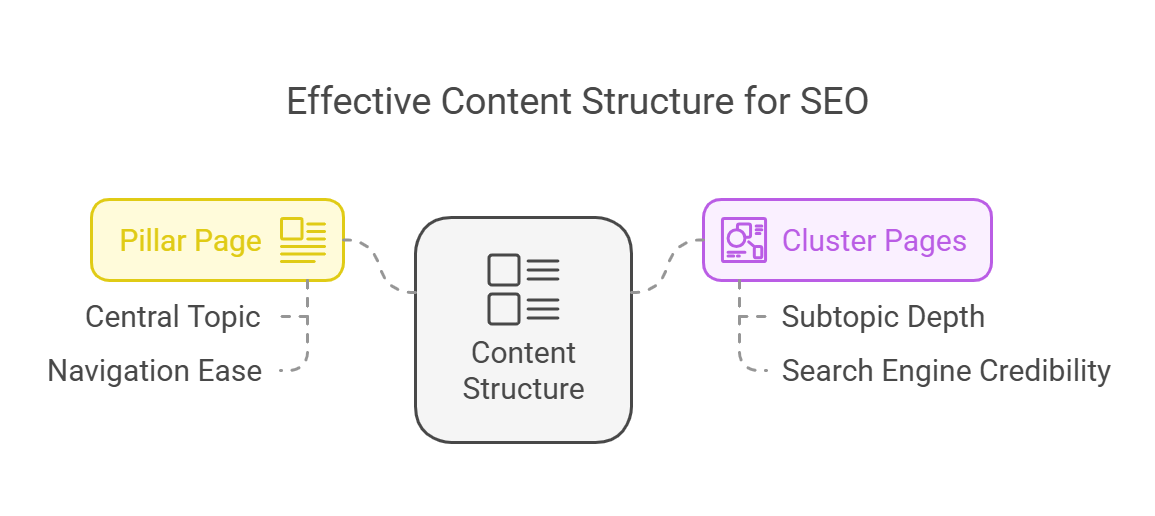 Diagram illustrating effective content structure for SEO with pillar and cluster pages.