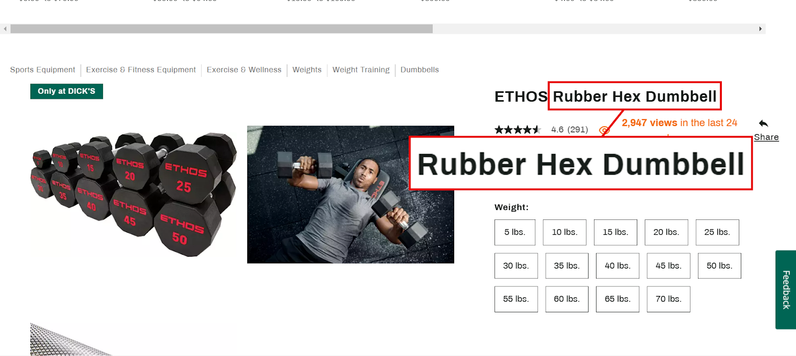 ETHOS Rubber Hex Dumbbell weights displayed with a person lifting dumbbells