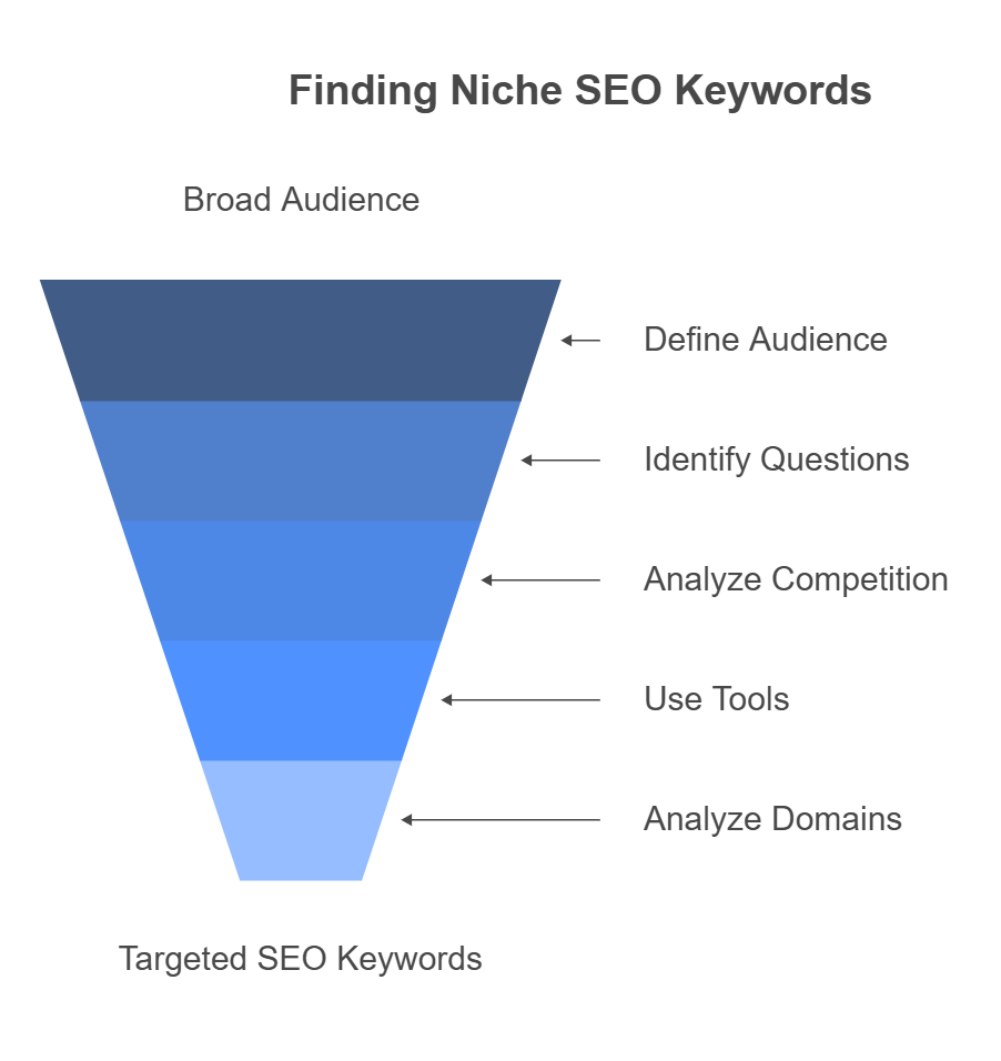 Infographic on finding niche SEO keywords with steps to define audience and analyze competition.