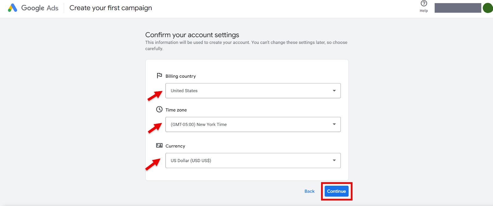 Google Ads account settings with billing country, time zone, and currency options.