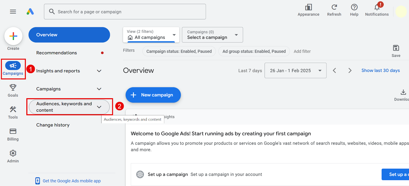 Google Ads interface showing campaign options and audience settings