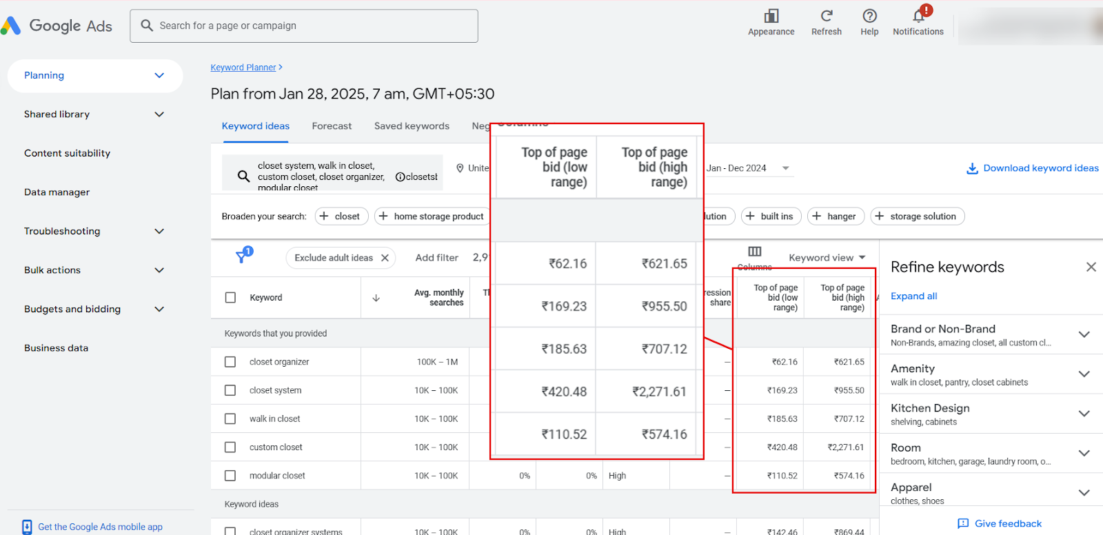 Google Ads Keyword Planner showing bid ranges for closet-related keywords.