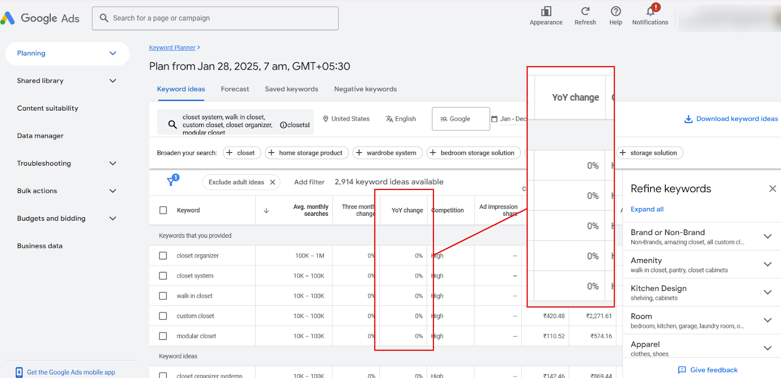 Google Ads Keyword Planner showcasing closet-related keywords and their performance metrics.