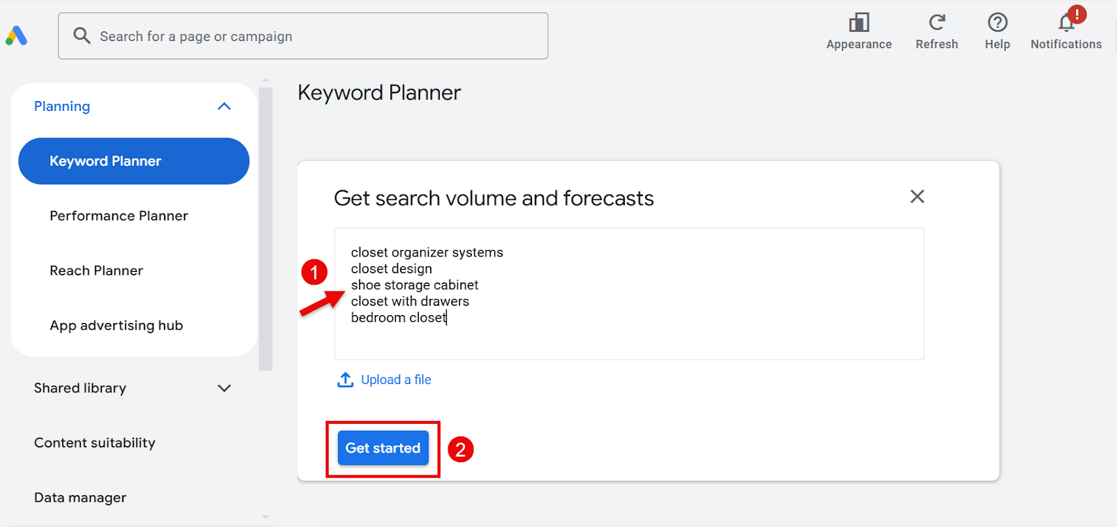 Google Ads Keyword Planner interface showing closet-related queries.