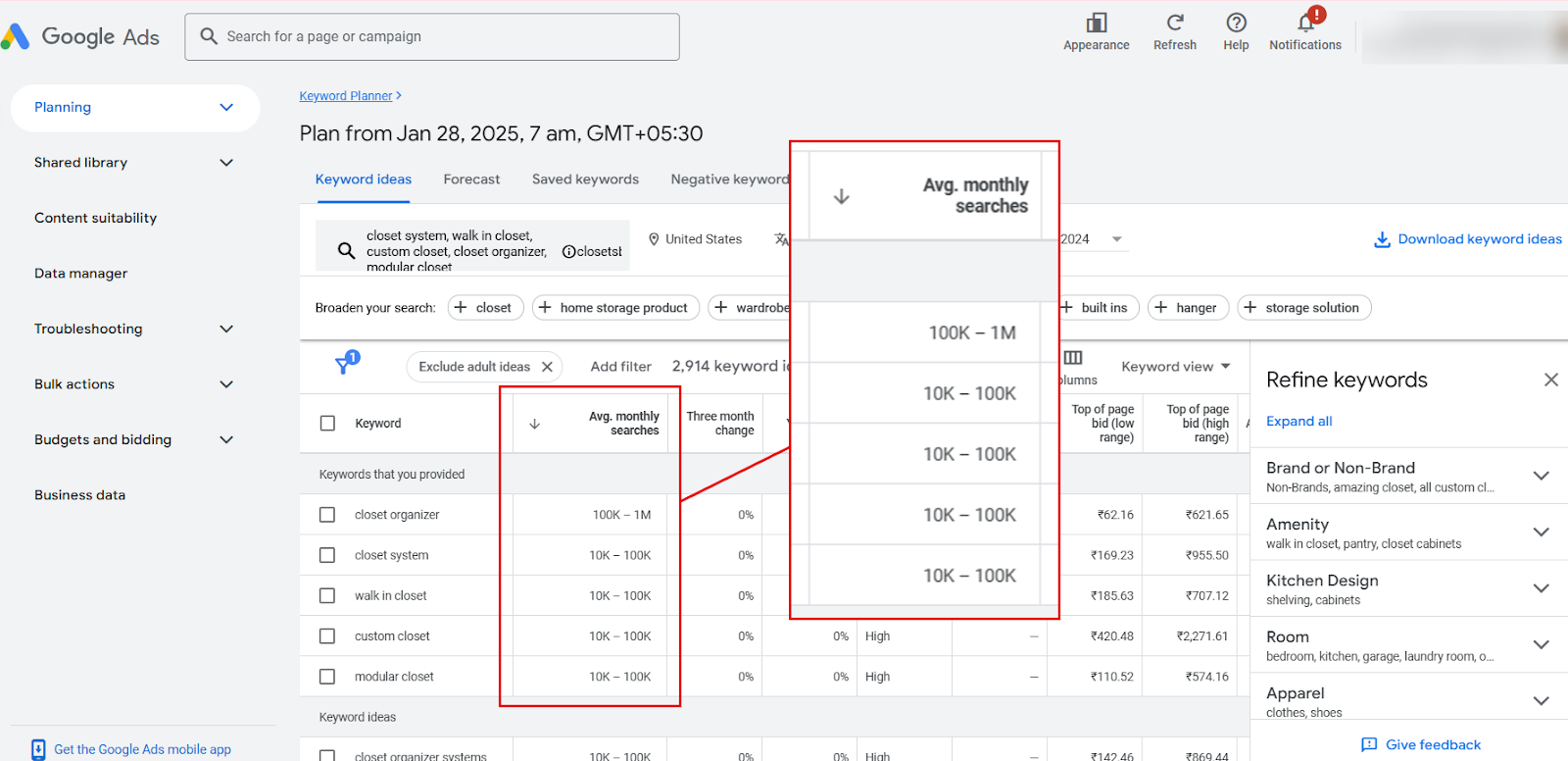 Screenshot of Google Ads Keyword Planner showing average monthly searches for closet-related keywords.