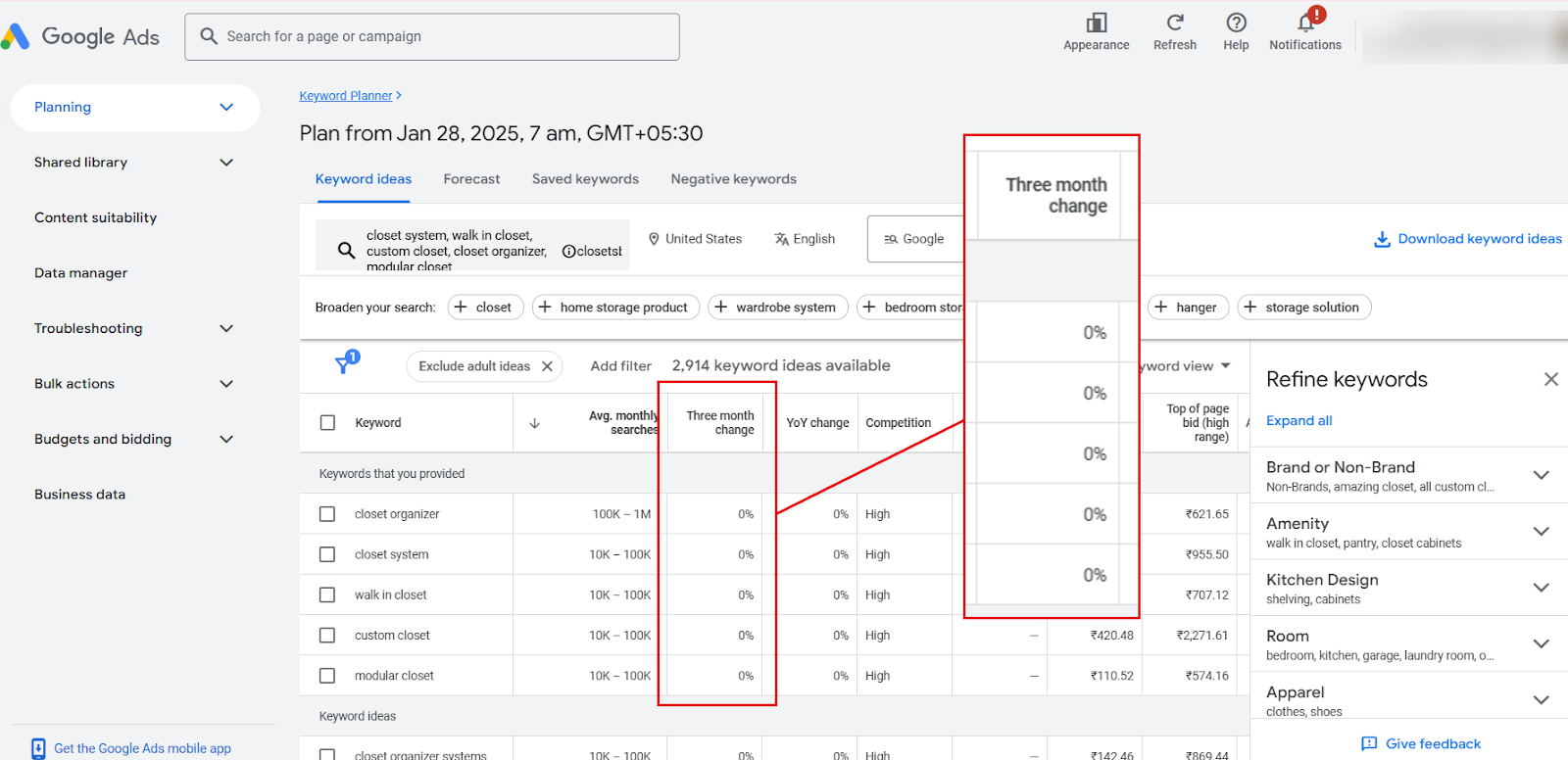 Google Ads interface showing keyword planner for closet systems with data filters.