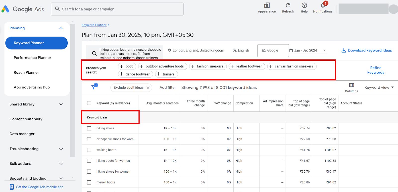 Google Ads Keyword Planner showing keyword ideas for footwear and hiking boots.