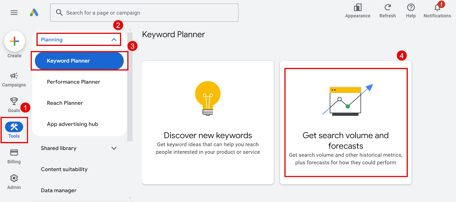 Google Ads Keyword Planner interface for discovering keywords