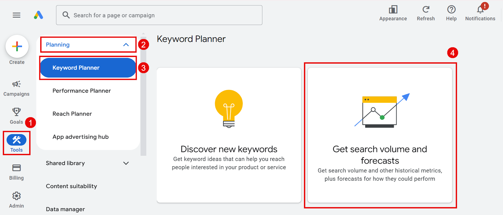 Google Ads Keyword Planner interface showcasing keyword discovery tools