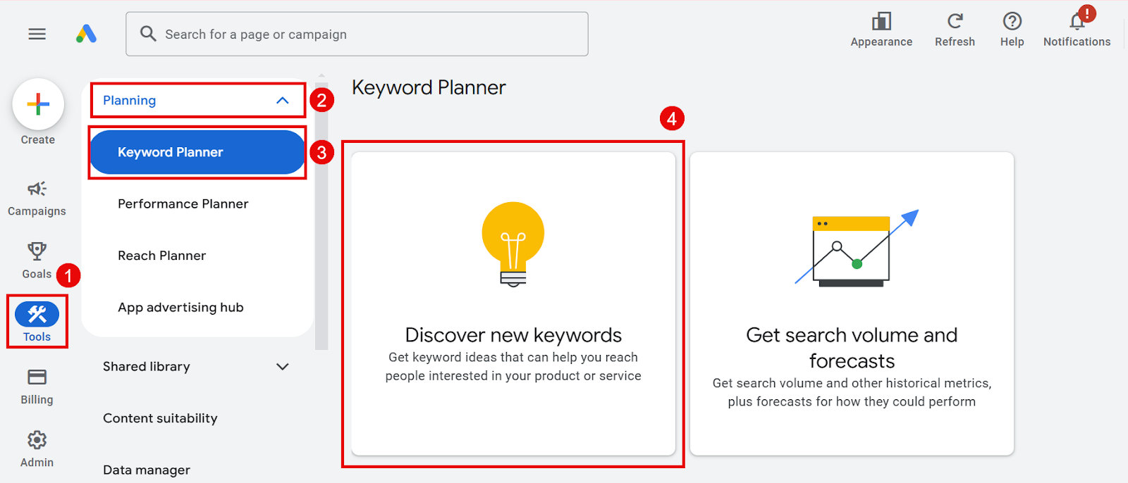 Google Ads Keyword Planner tool interface showing options to discover keywords and analyze search volume.