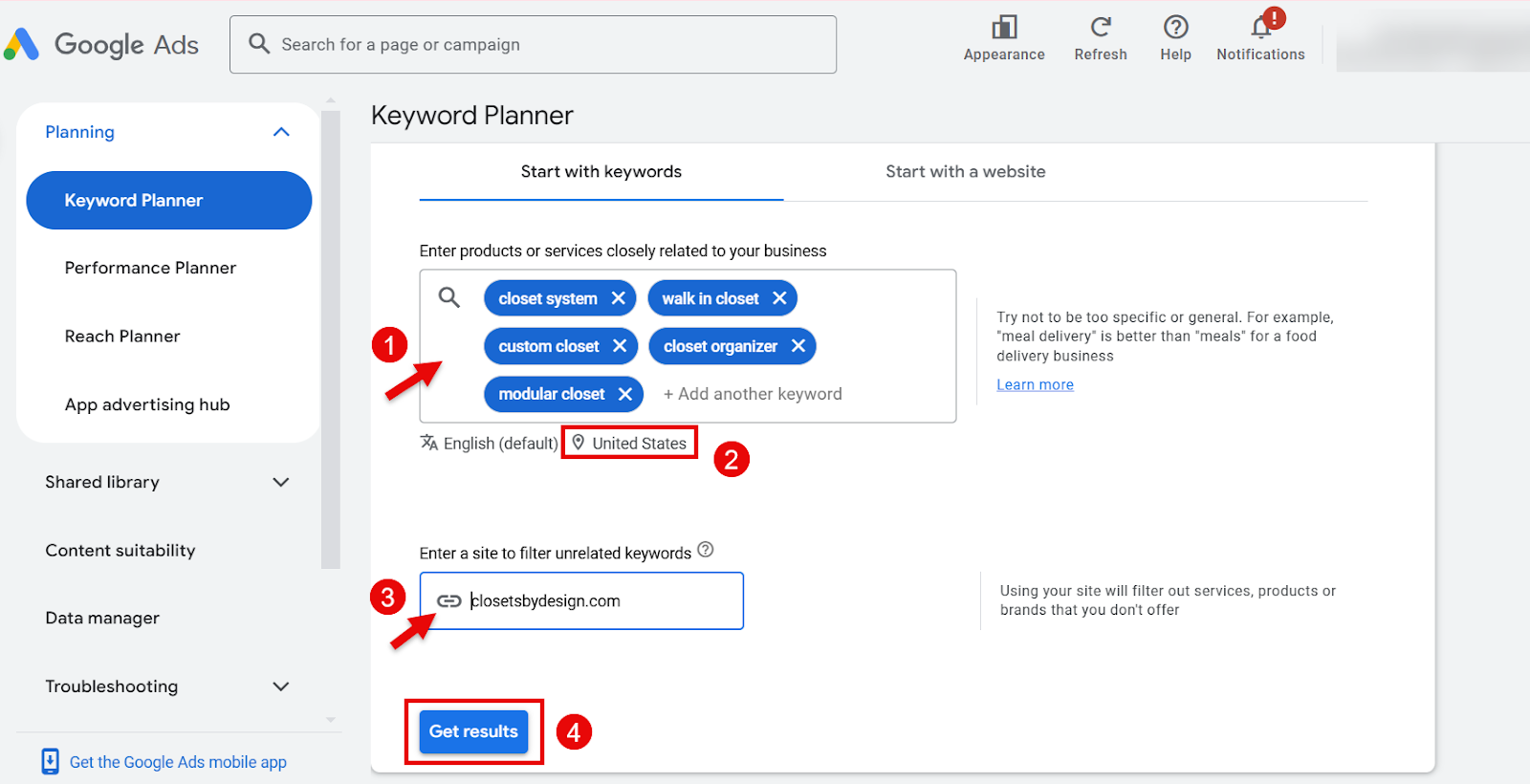 Keyword Planner tool interface with keyword input options for closet-related terms.