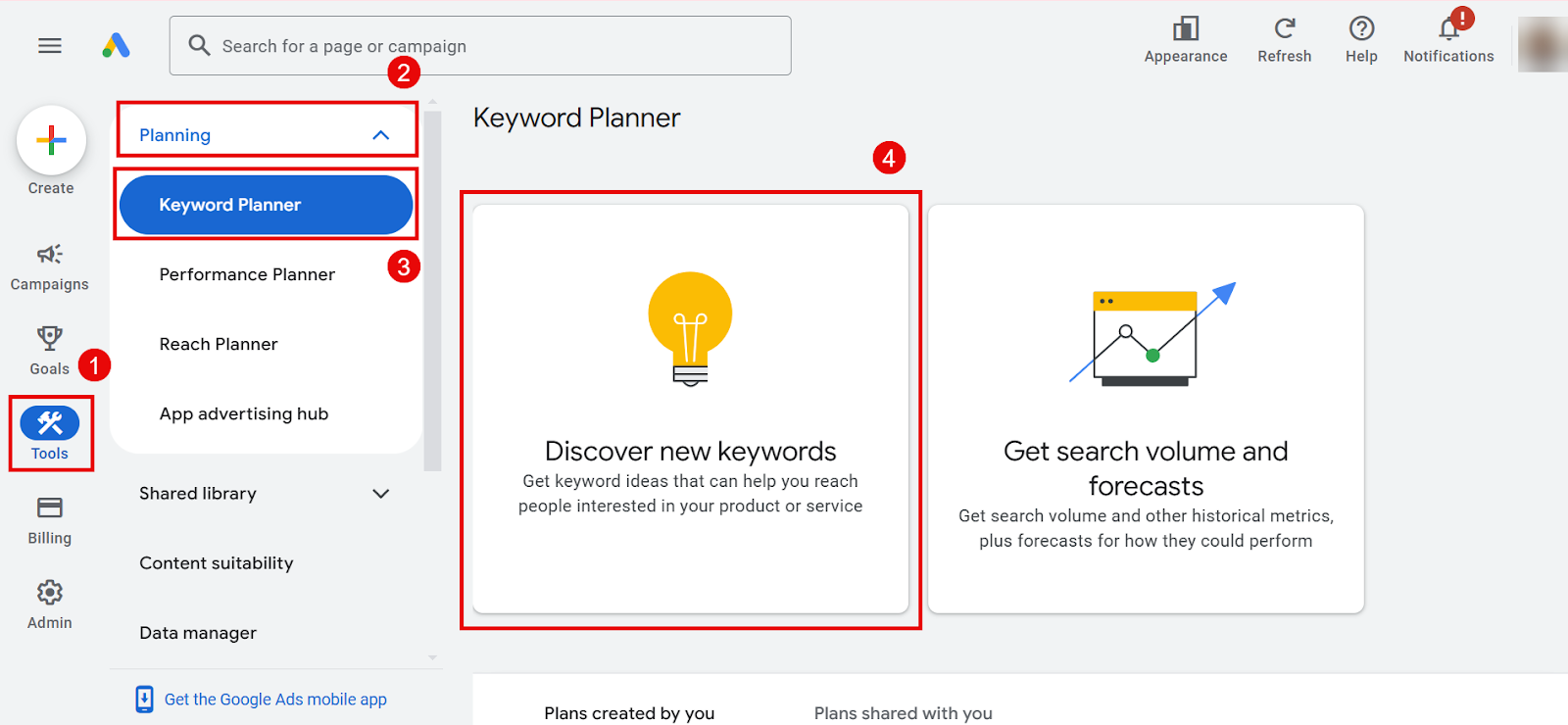 Google Ads Keyword Planner interface for discovering new keywords.