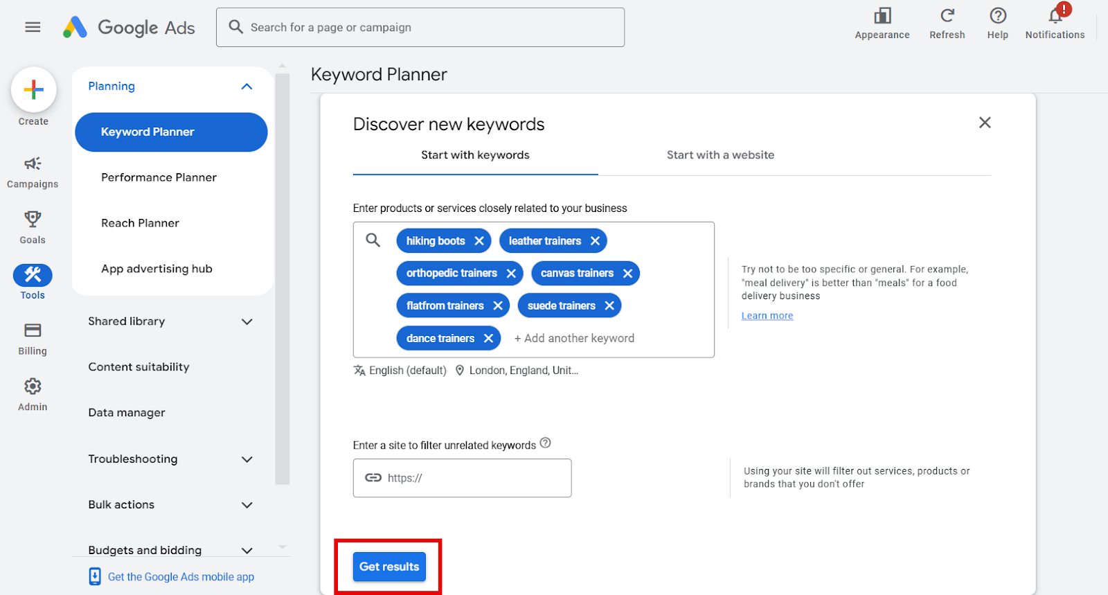 Google Ads Keyword Planner interface showcasing keyword suggestions.