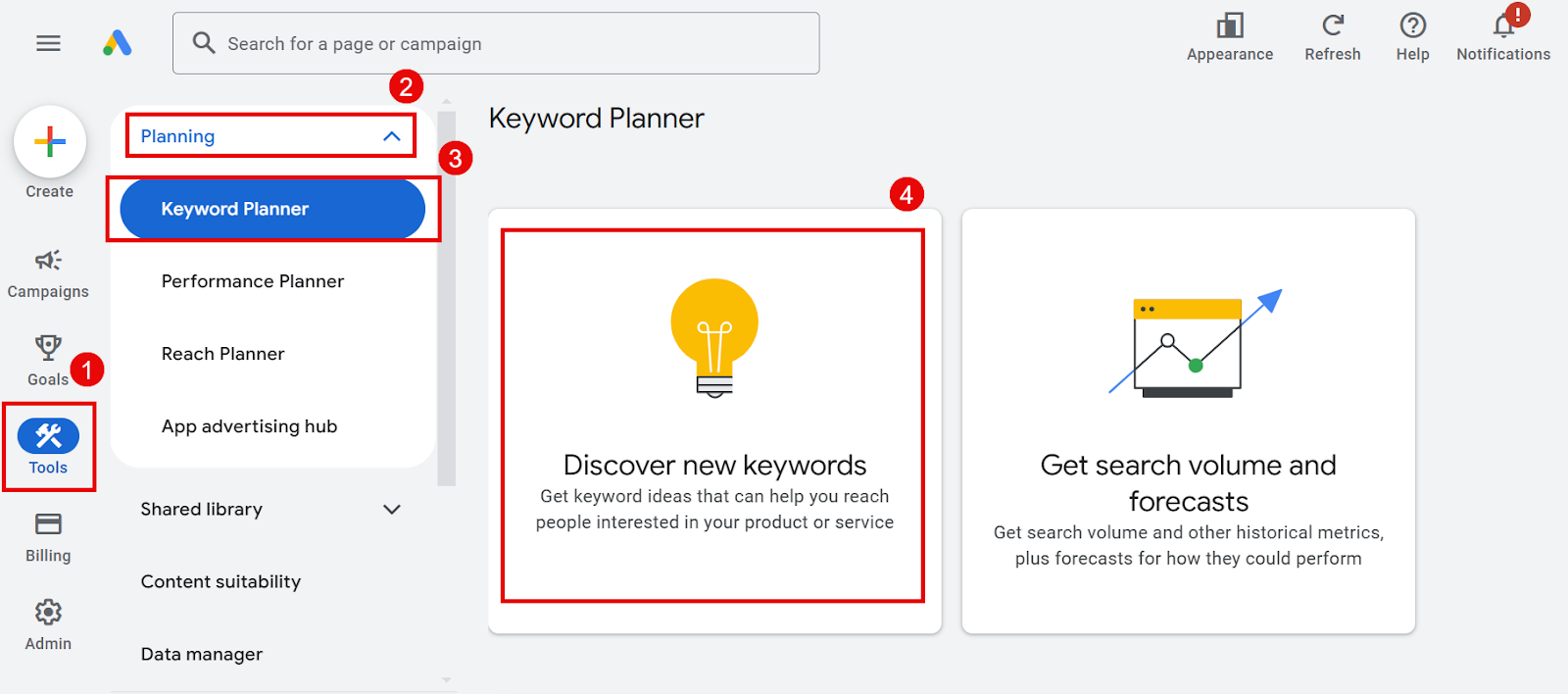 Google Ads interface showing Keyword Planner tool for search strategies.