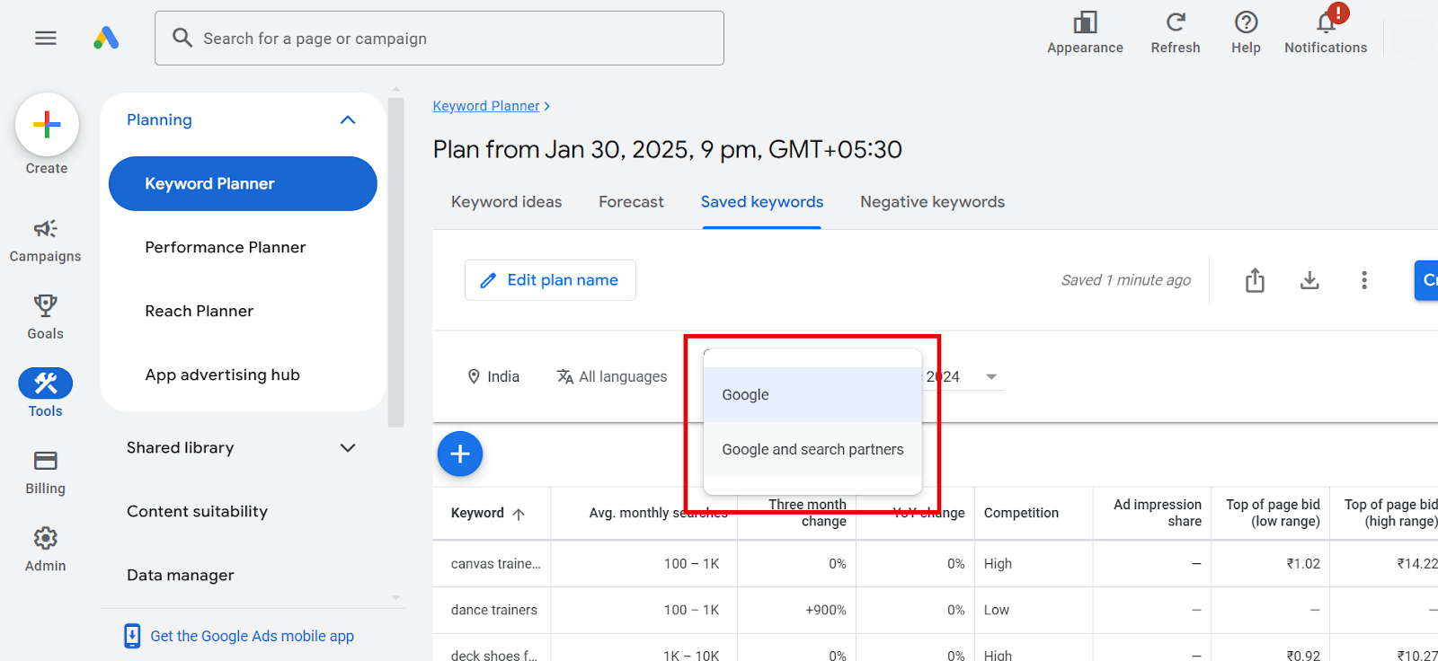 Google Ads Keyword Planner interface showing saved keywords and dropdown options.