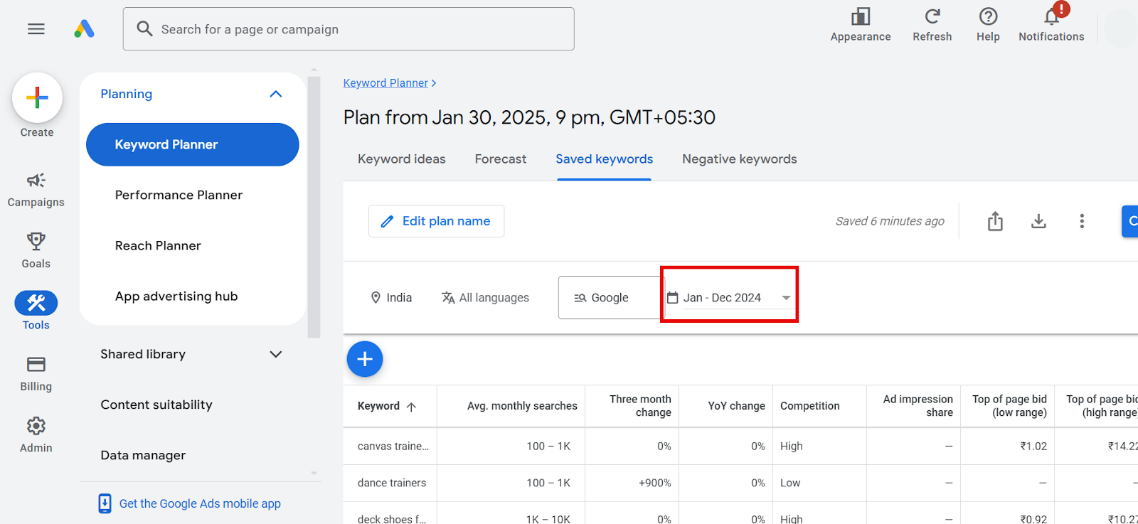 Google Ads Keyword Planner interface displaying saved keywords and month selection.