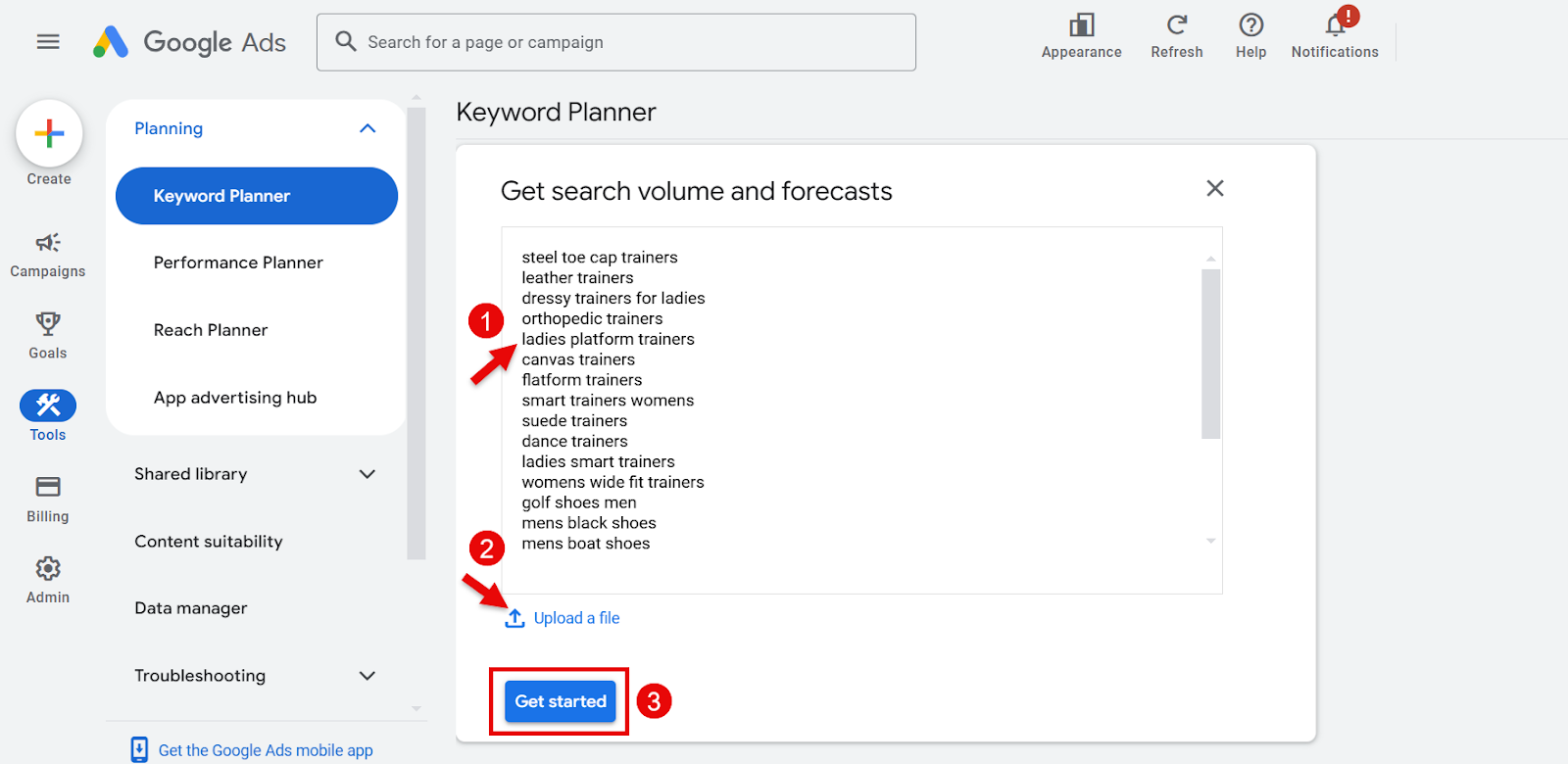 Google Ads Keyword Planner with search volume and forecasts options displayed.