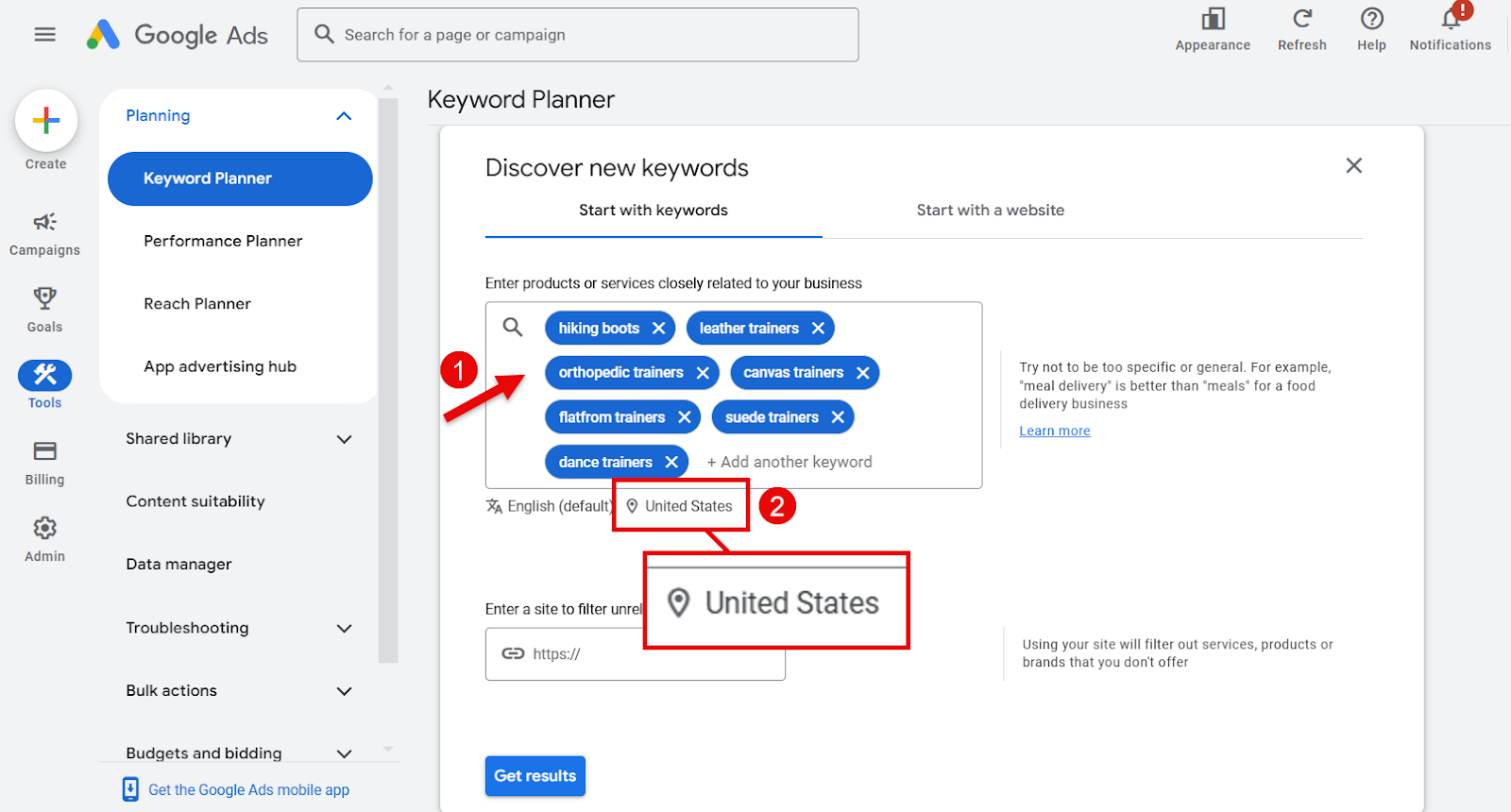 Google Ads Keyword Planner tool for discovering new keywords.