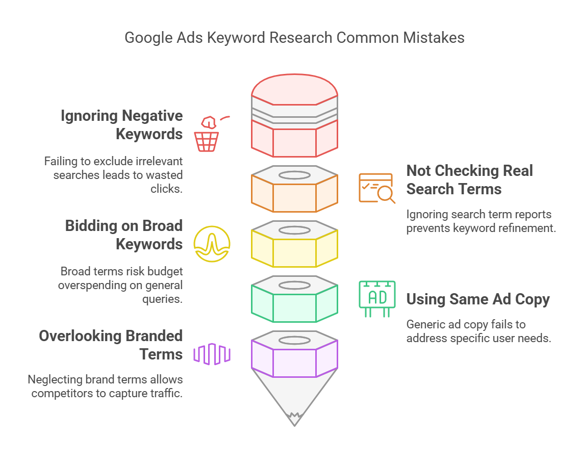 Common mistakes in Google Ads keyword research including ignoring negative keywords and using generic ad copy.