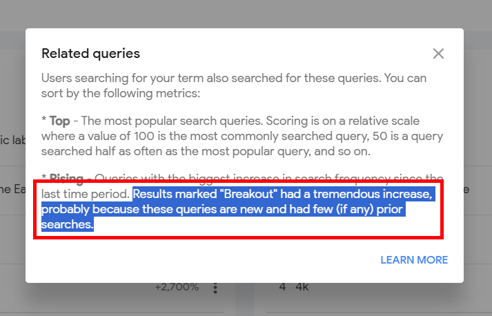 Google Ads related queries analysis showing breakout search trends